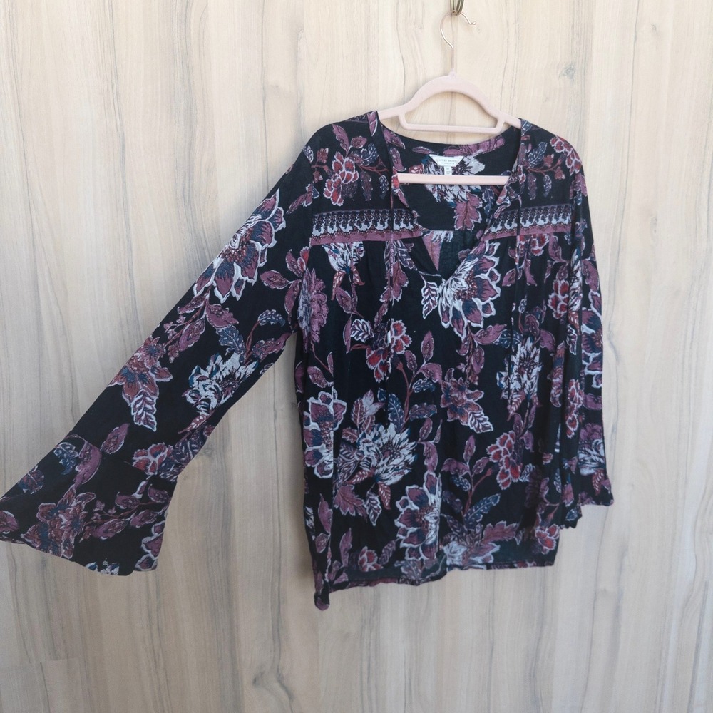 Lucky Brand Womens Floral Blouse M Black Bell Sleeve Boho‎ Peasant Dark Romantic